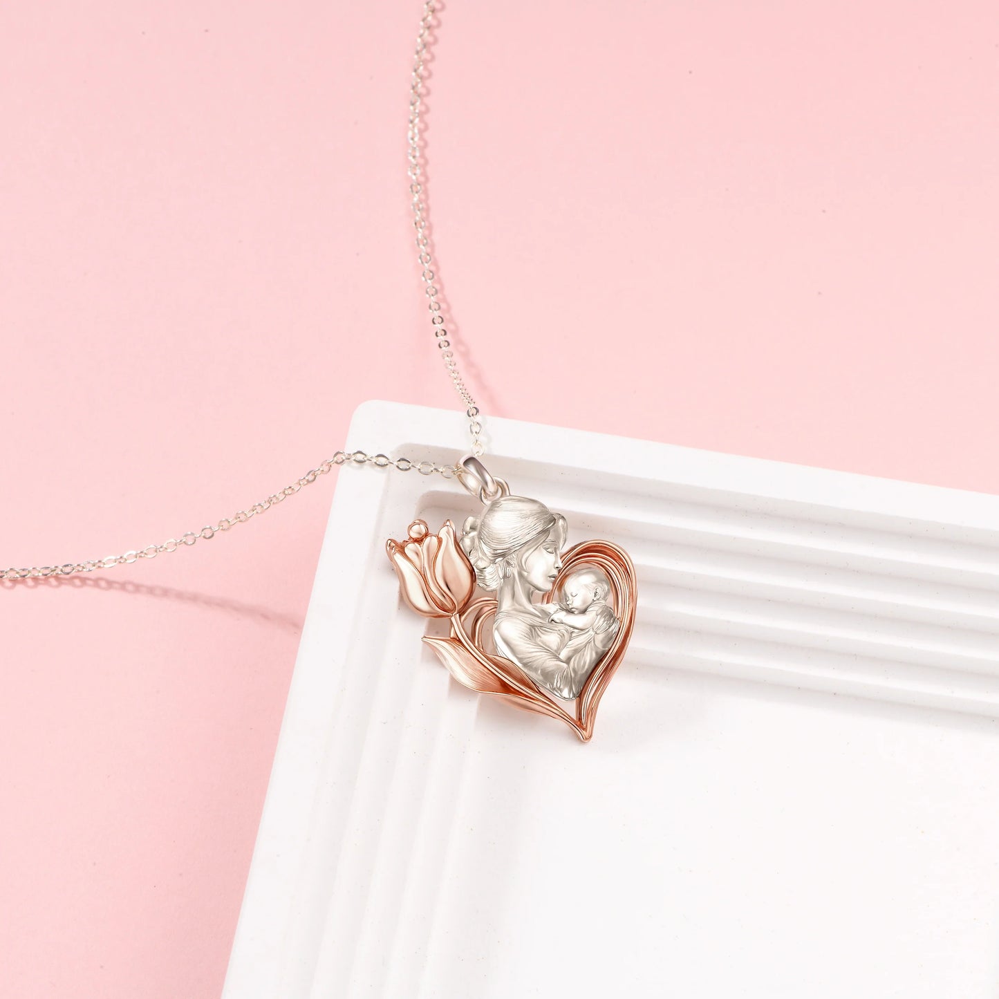 Mom With Flower Tulip Embrace Rosegold Vermeil and Silver Necklace