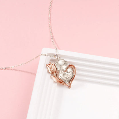 Mom With Flower Tulip Embrace Rosegold Vermeil and Silver Necklace