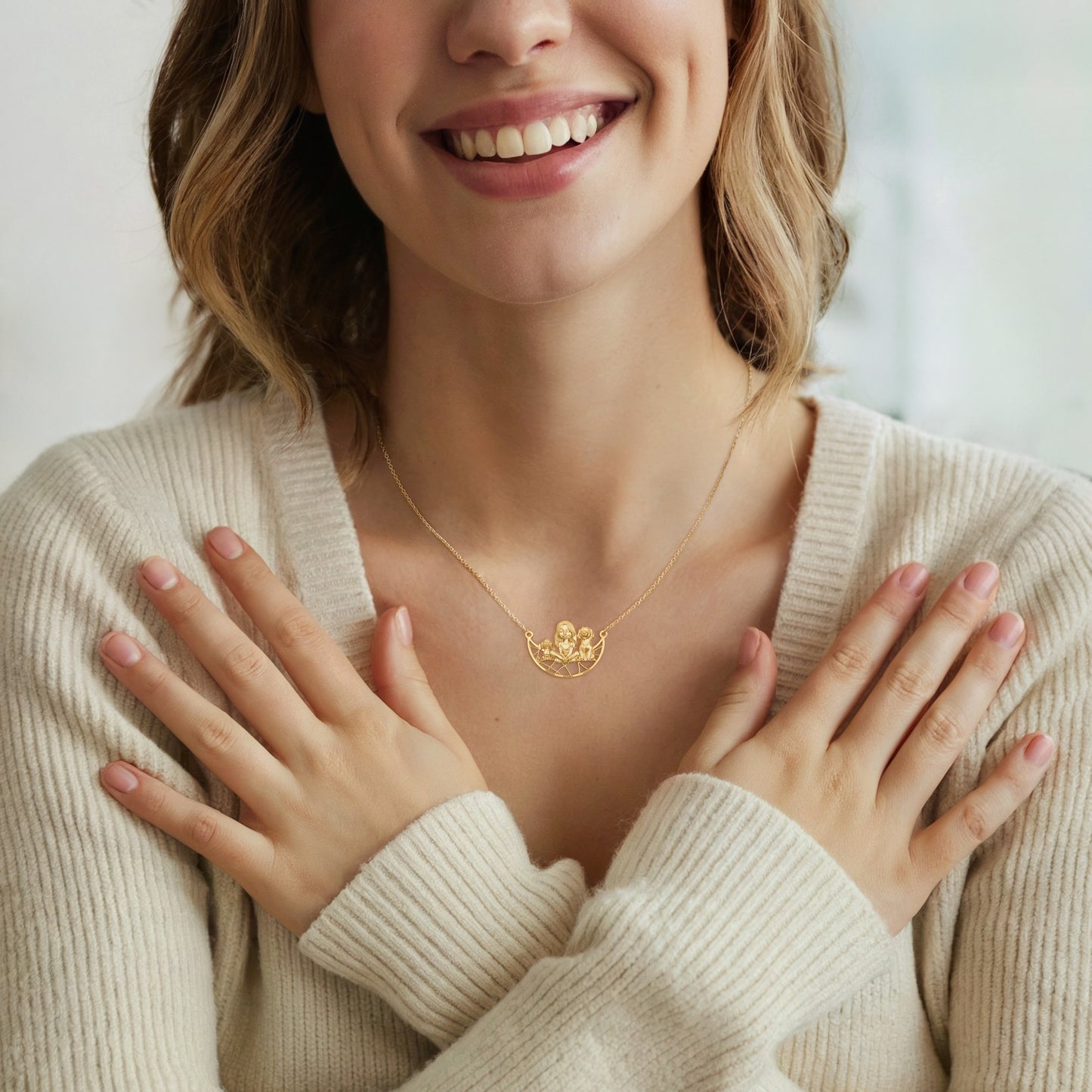 Soulyshine Personalized Girl And Her Pets - Handmade Necklace in Silver/14K Gold Vermeil/Plating