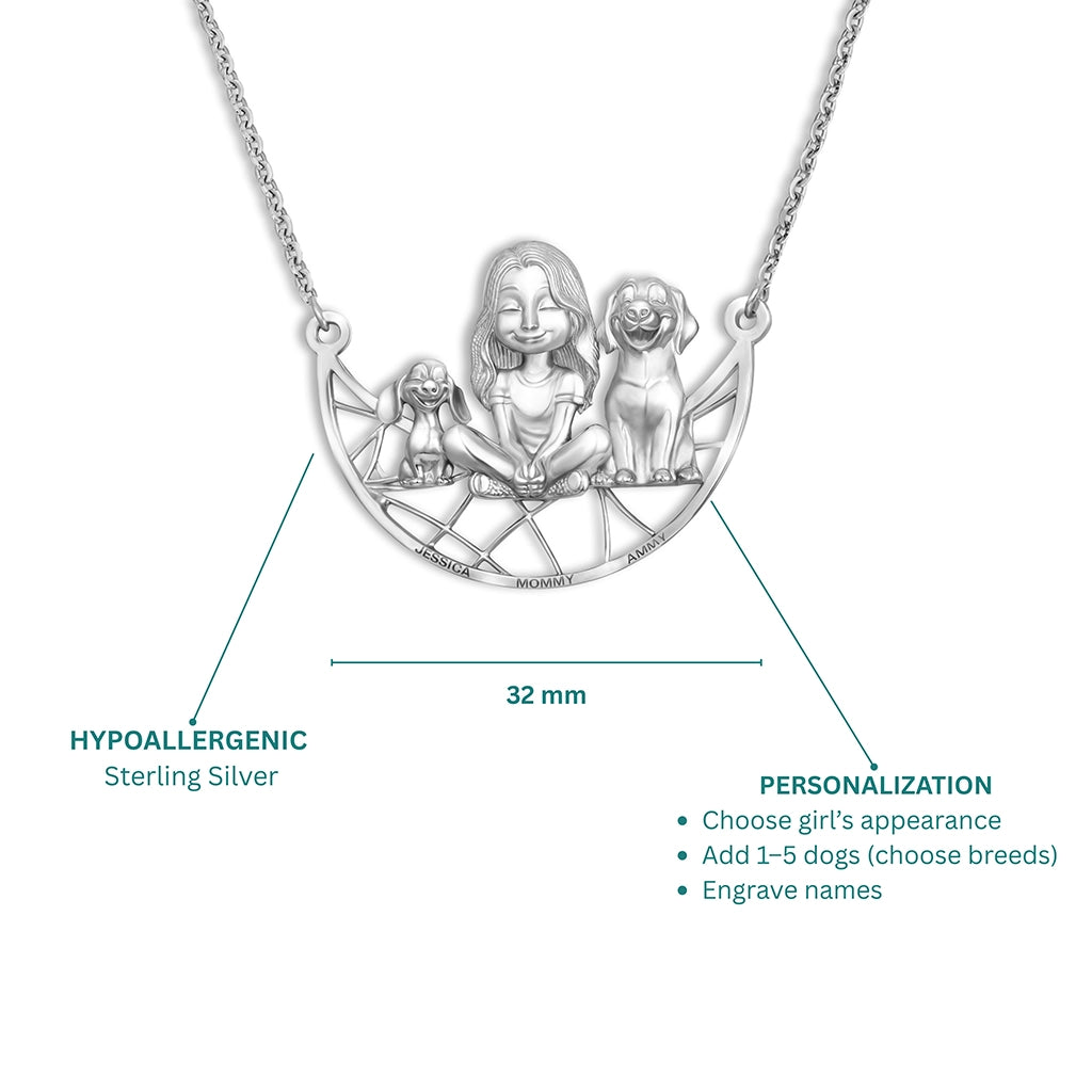 Soulyshine Personalized Girl And Her Pets - Handmade Necklace in Silver/14K Gold Vermeil/Plating