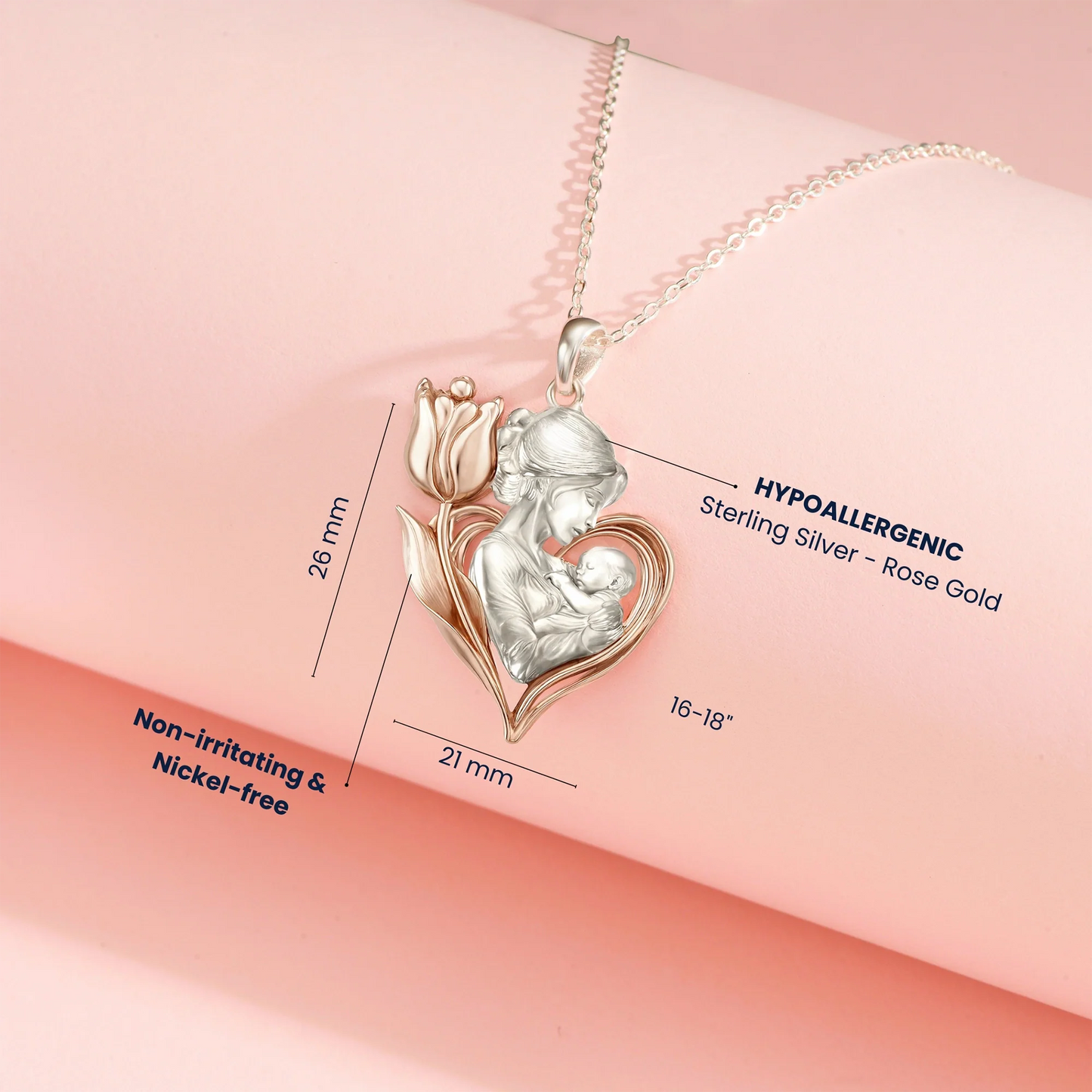 Mom With Flower Tulip Embrace Rosegold Vermeil and Silver Necklace