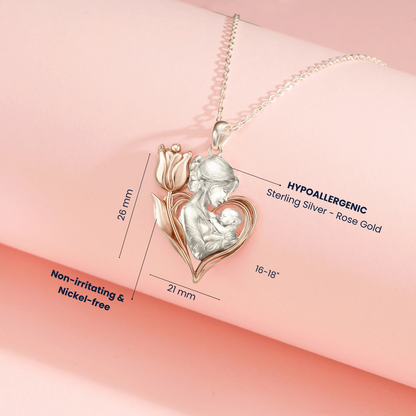 Mom With Flower Tulip Embrace Rosegold Vermeil and Silver Necklace