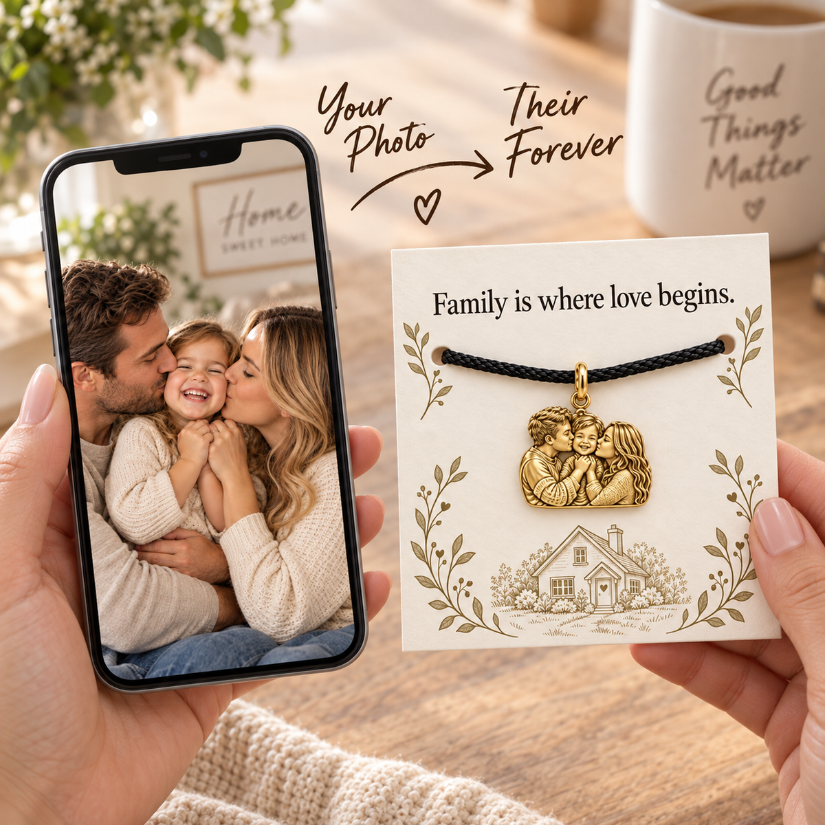 Family Is Where Love Begins Charm and Polyester Cord Bracelet Gift