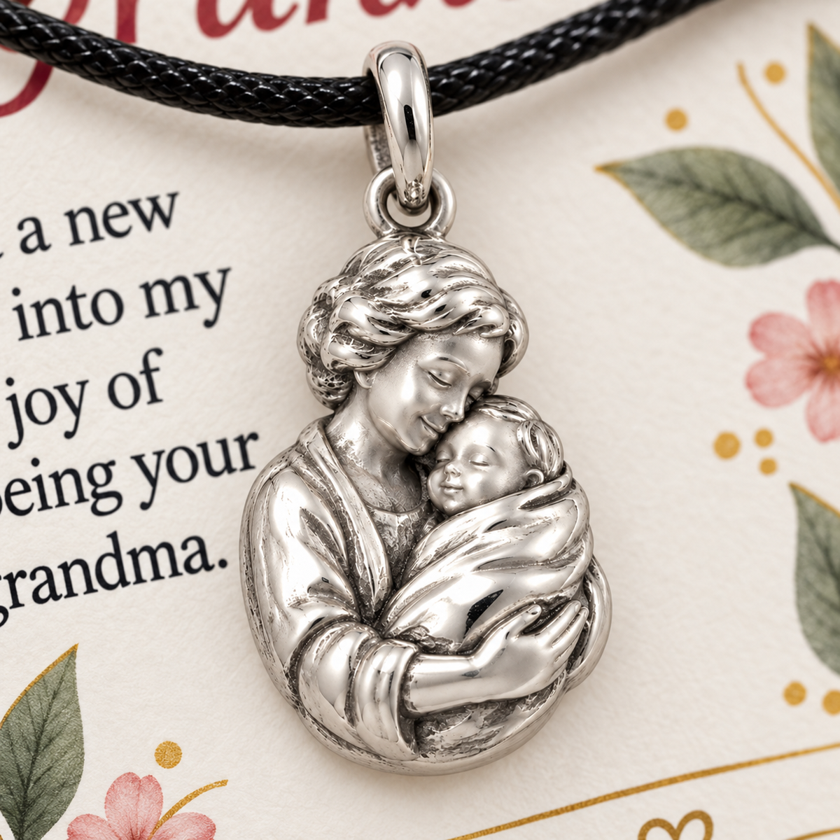 Grandma's First Embrace Charm: My Greatest Joy — Macro detail, silver finish
