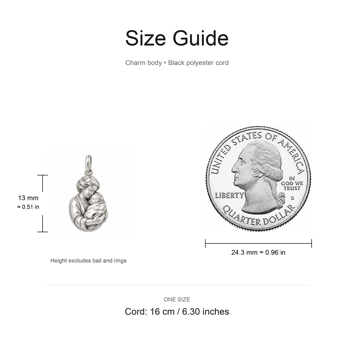 Grandma's First Embrace Charm: My Greatest Joy — Size guide, 13 mm body and 16 cm cord