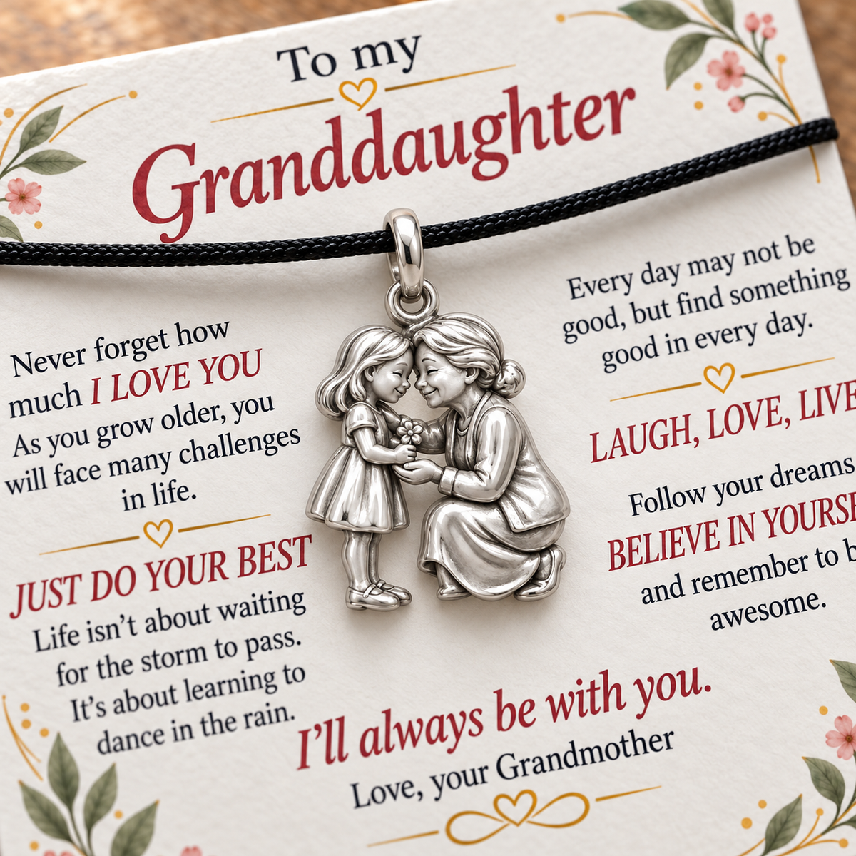 Granddaughter’s Flower for Grandma Charm — I’ll Always Be With You — Macro detail, silver finish