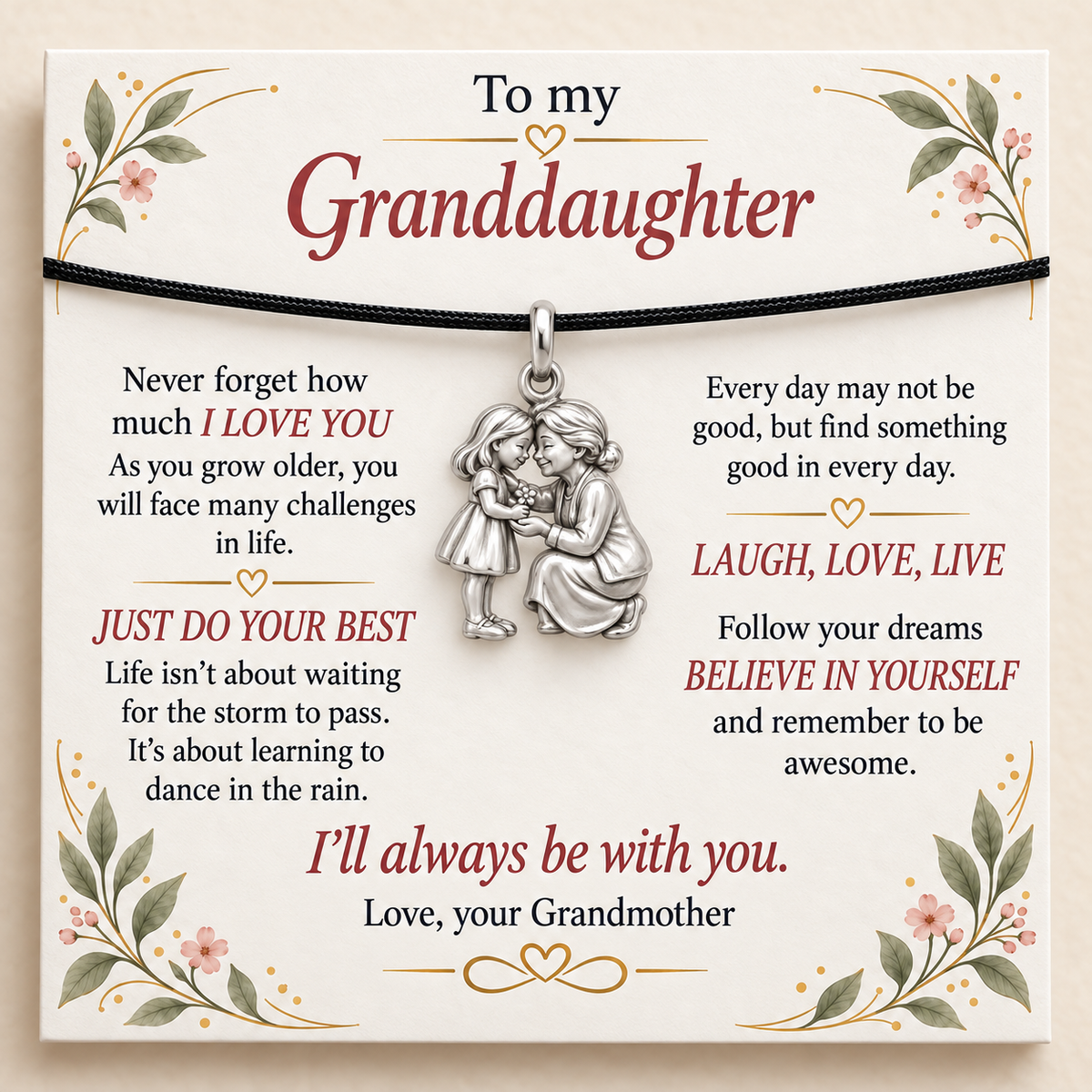Granddaughter’s Flower for Grandma Charm — I’ll Always Be With You — Main image, silver finish