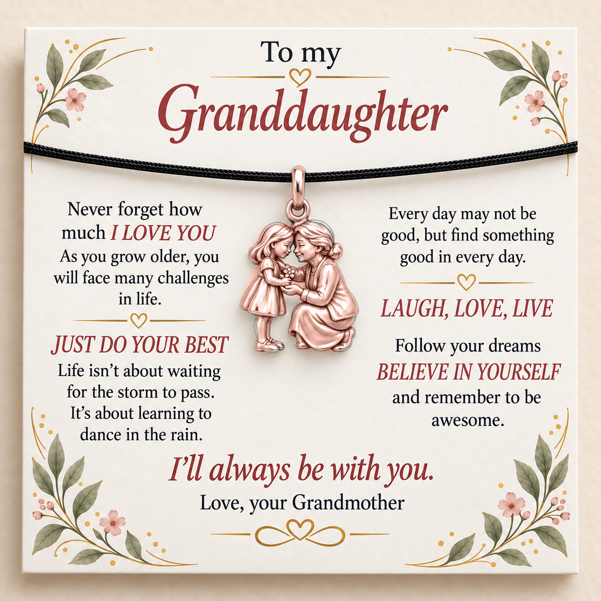 Granddaughter’s Flower for Grandma Charm — I’ll Always Be With You — Main image, rose gold finish