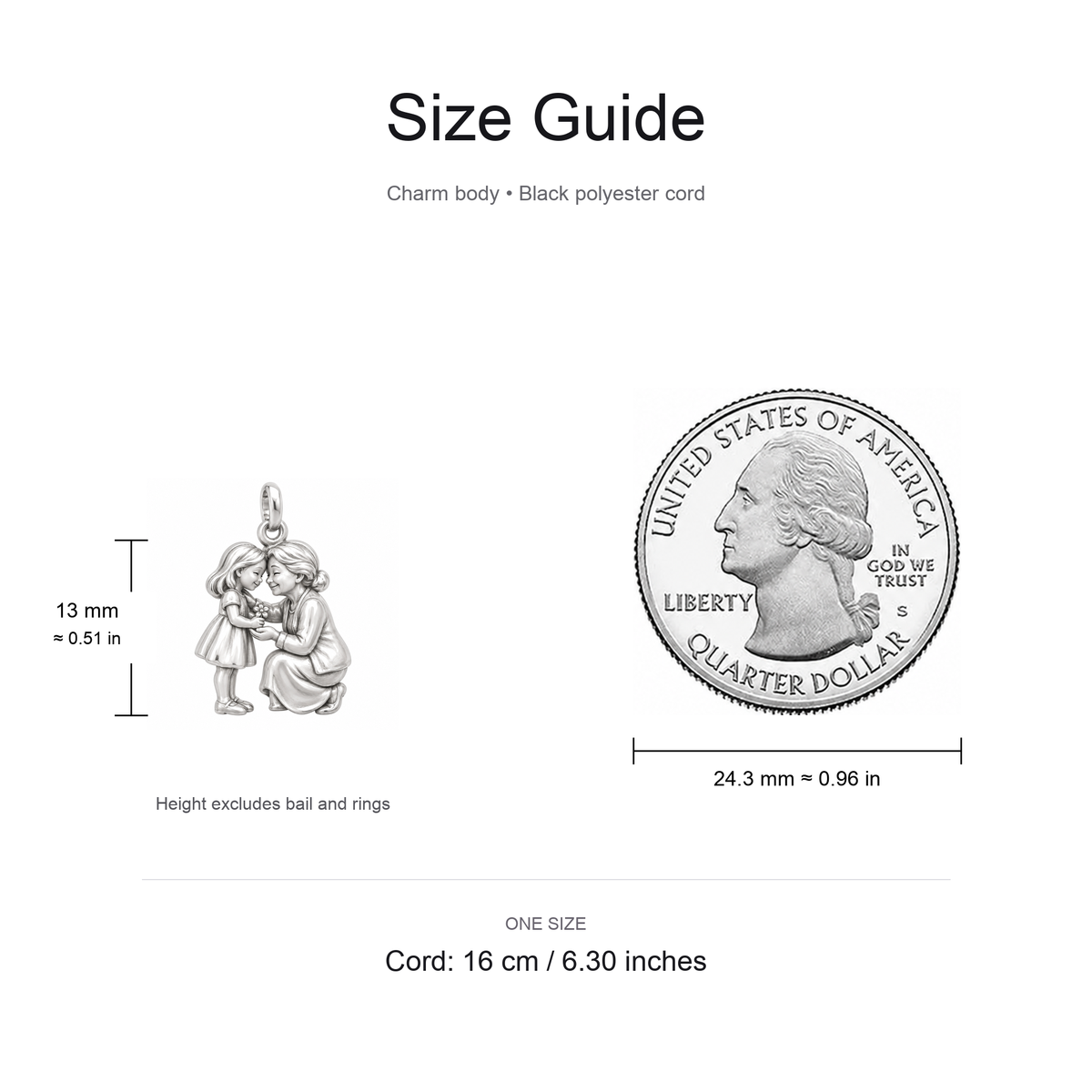 Granddaughter’s Flower for Grandma Charm — I’ll Always Be With You — Size guide, 13 mm body and 16 cm cord