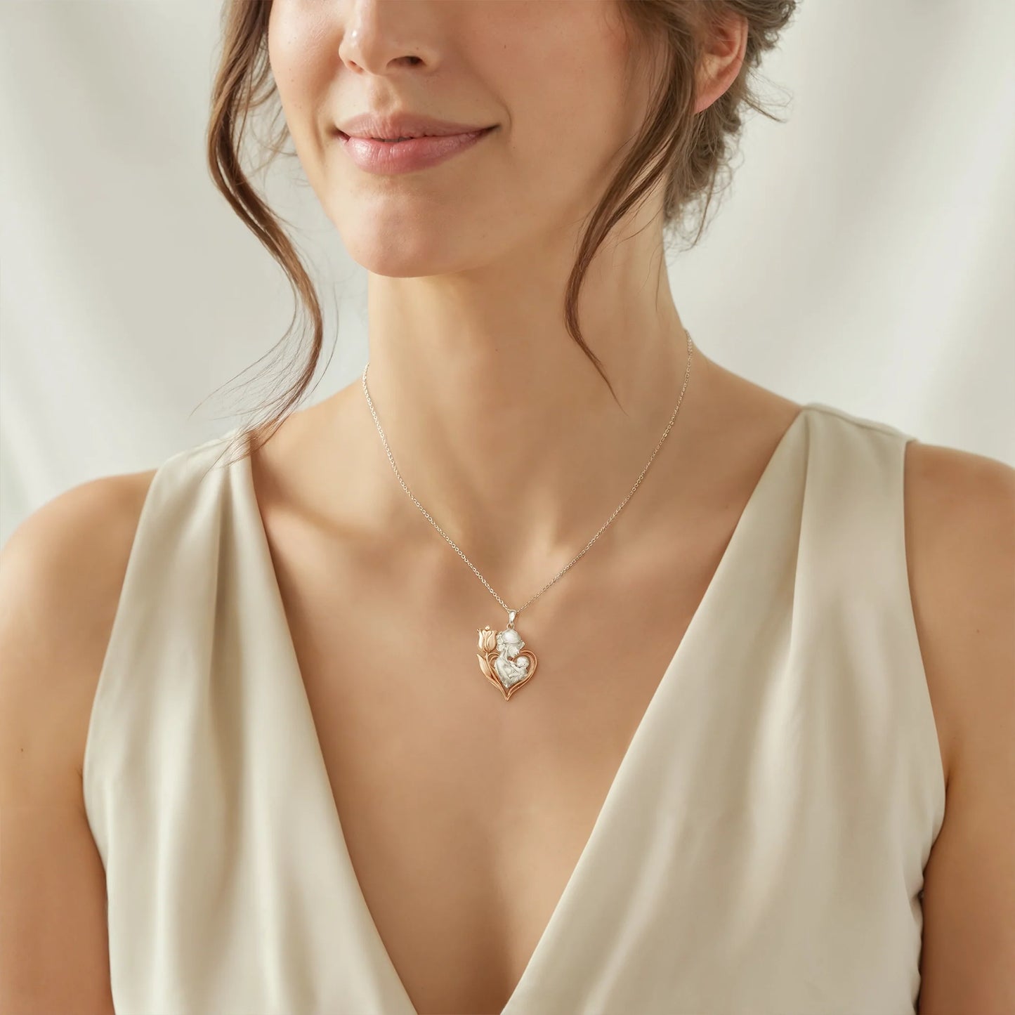 Mom With Flower Tulip Embrace Rosegold Vermeil and Silver Necklace