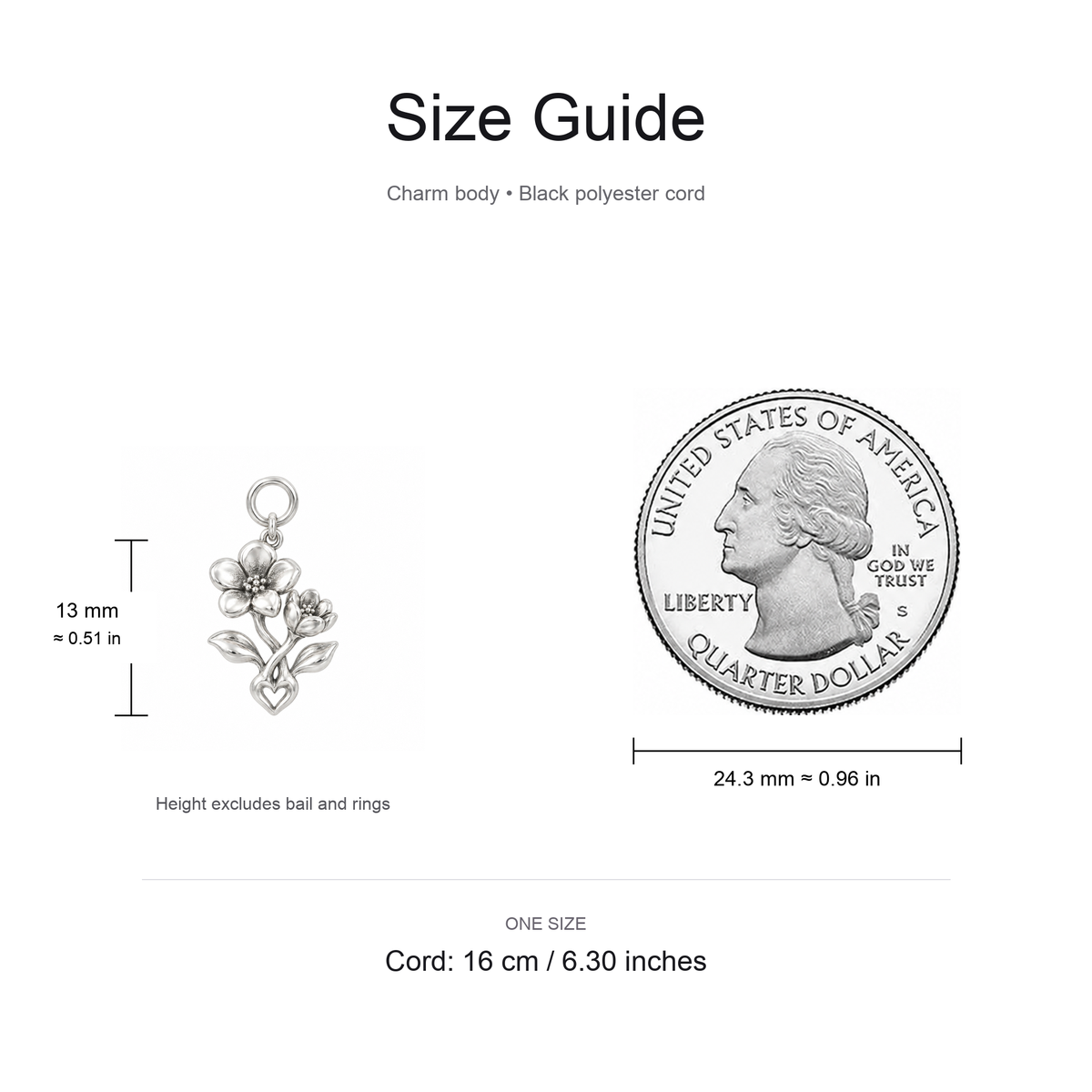 Two Blooms, One Forever Love — Size guide, 13 mm body and 16 cm cord