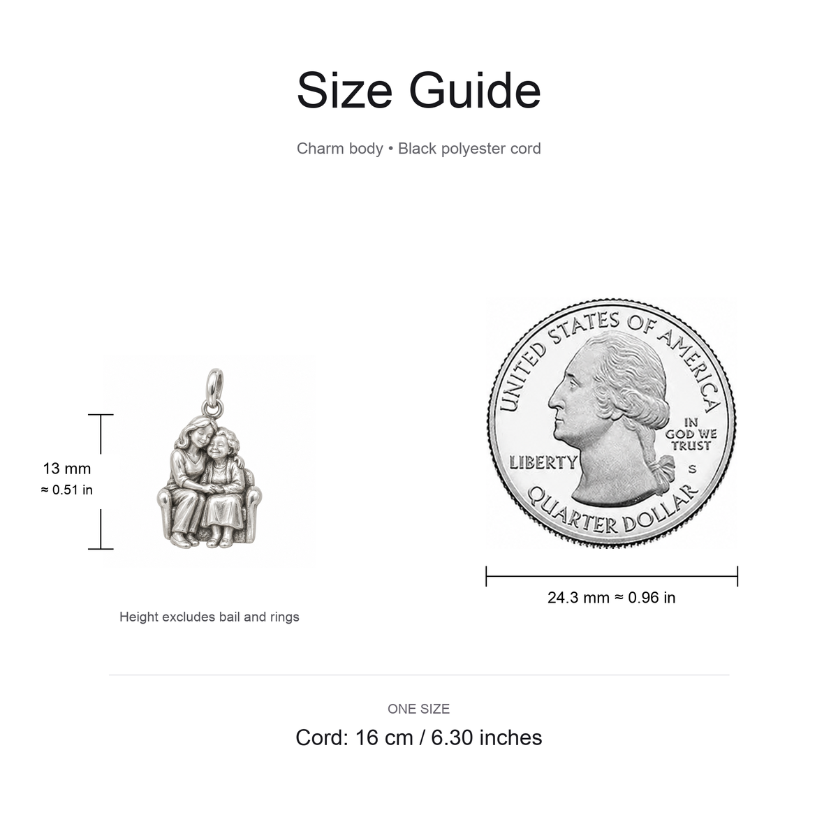 Grandma's Caring Embrace Charm: Love Comes Full Circle — Size guide, 13 mm body and 16 cm cord