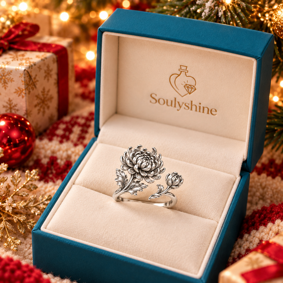 Soulyshine November Birth Flower Chrysanthemum Adjustable Silver Ring