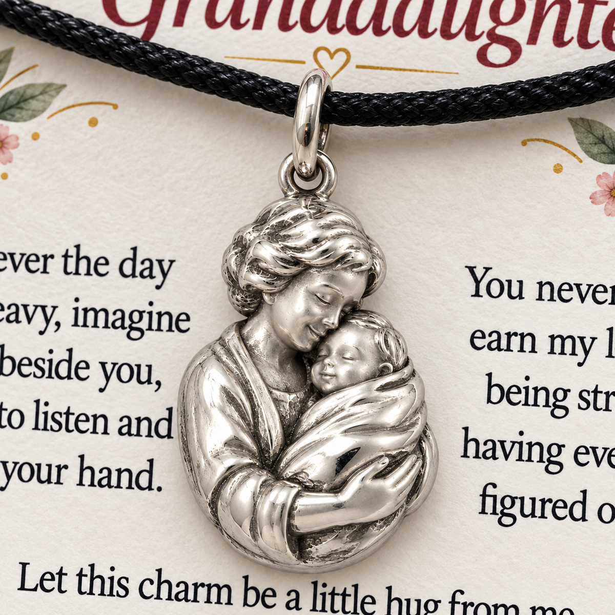 Grandma's Embrace Charm: Loved as You Are — Macro detail, silver finish