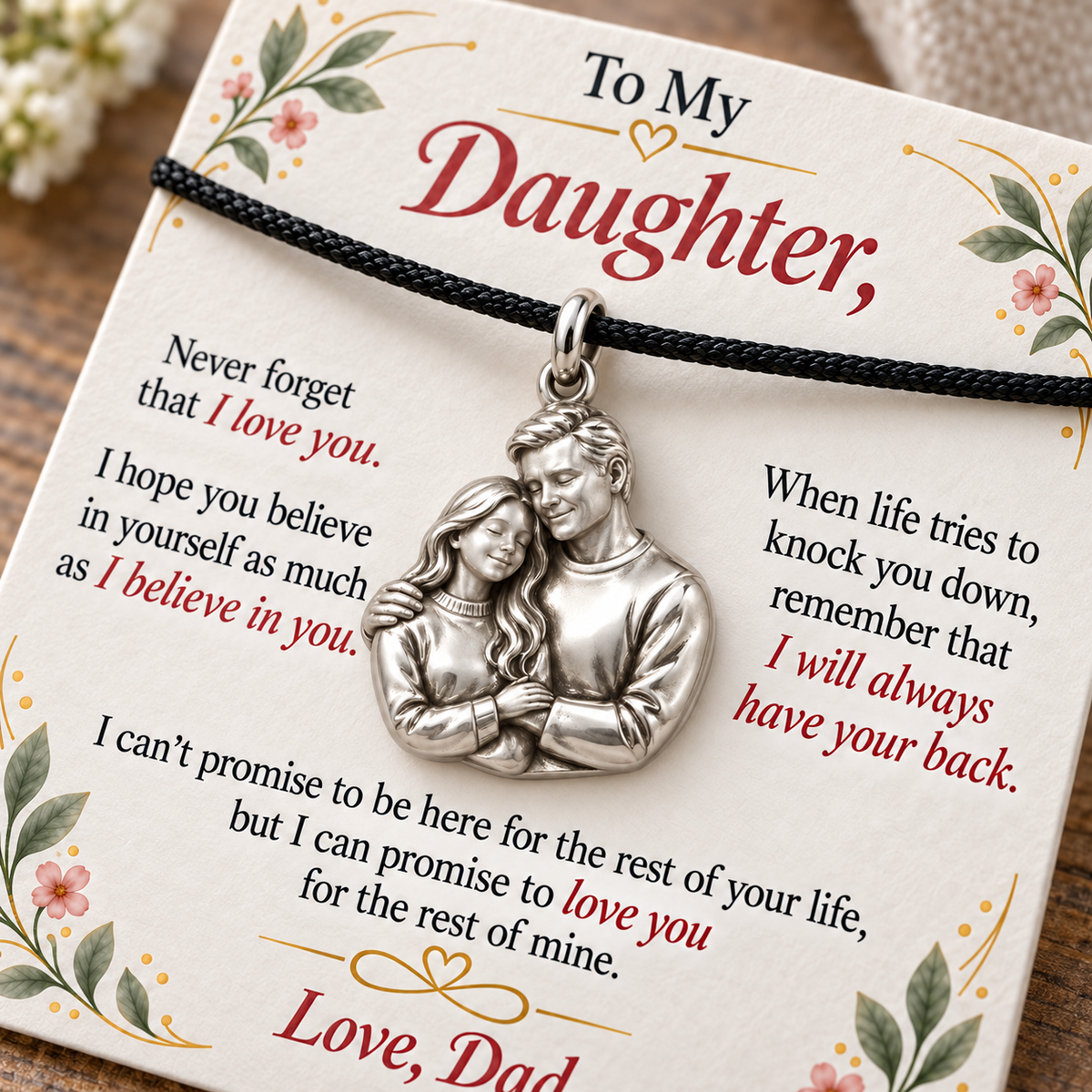 Dad’s Embrace, Always Beside You — Macro detail, silver finish