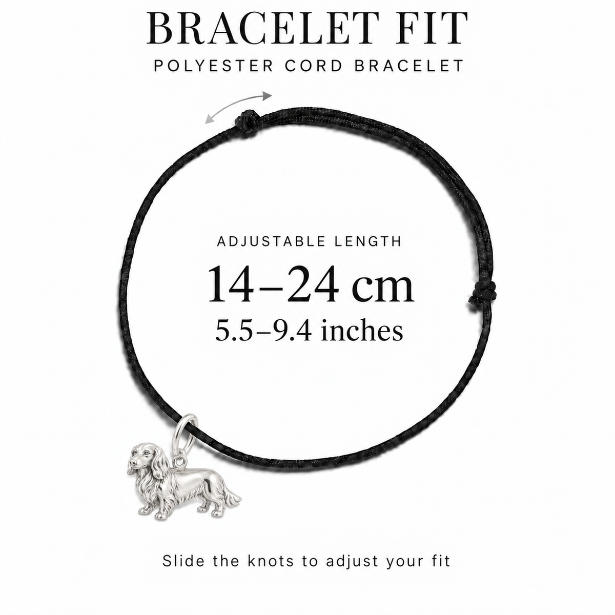 Jack Russell Terrier Standing Dog Charm — adjustable black polyester cord bracelet fit