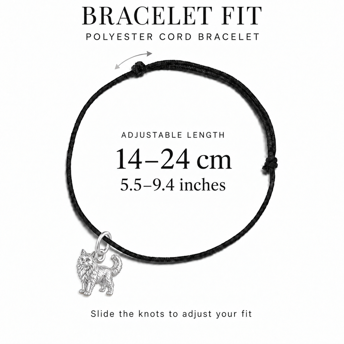 Sphynx Cat Breed Charm — adjustable black polyester cord bracelet fit