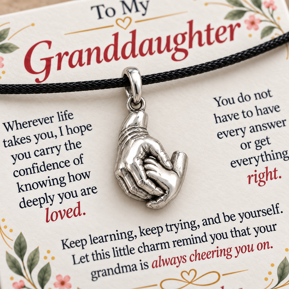 Grandma's Guiding Hand Charm: Loved Through Every Chapter — Macro detail, silver finish