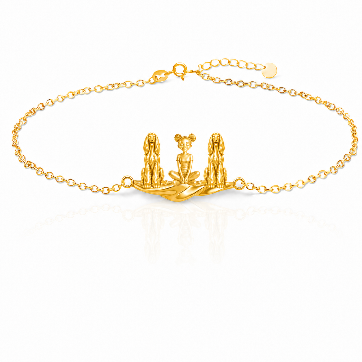 Afghan-Hound Personalized Girl And Her Pets Bracelet - 10K Solid Gold - Front