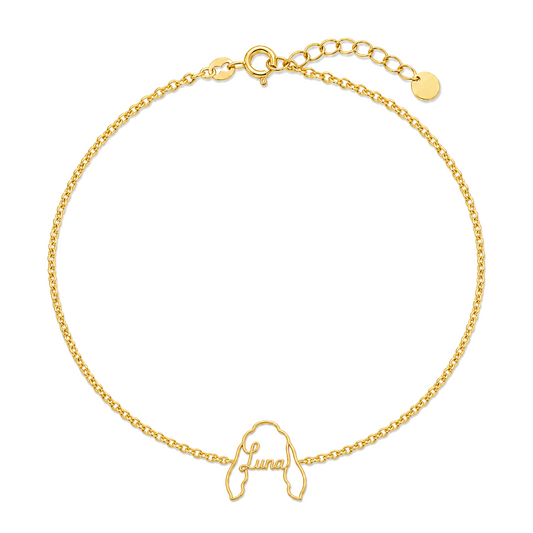Soulyshine Afghan Hound Whisper Outline pet face and Luna name handcrafted bracelet - 18K Gold Vermeil front