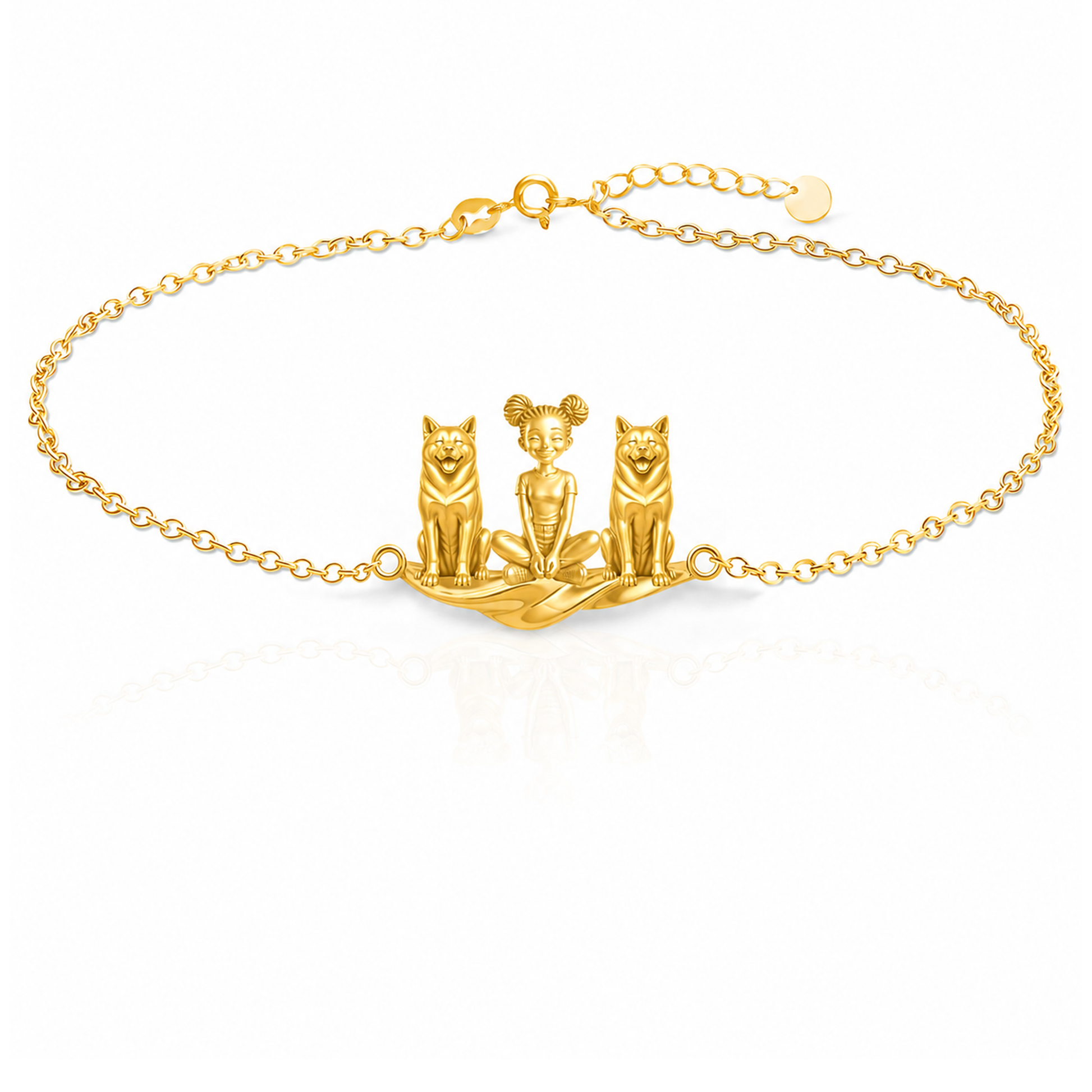 Akita Personalized Girl And Her Pets Bracelet - 10K Solid Gold - Front
