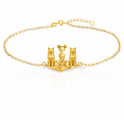 Akita Personalized Girl And Her Pets Bracelet - 10K Solid Gold - Front