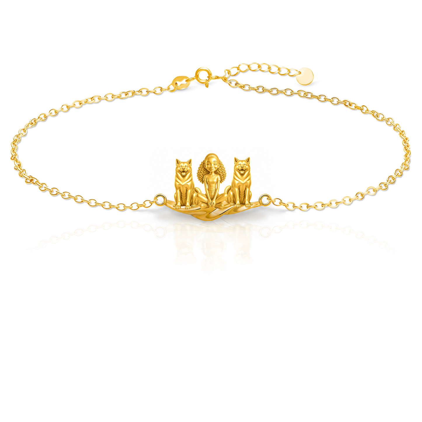 Akita Personalized Girl And Her Pets Bracelet - 10K Solid Gold - Front
