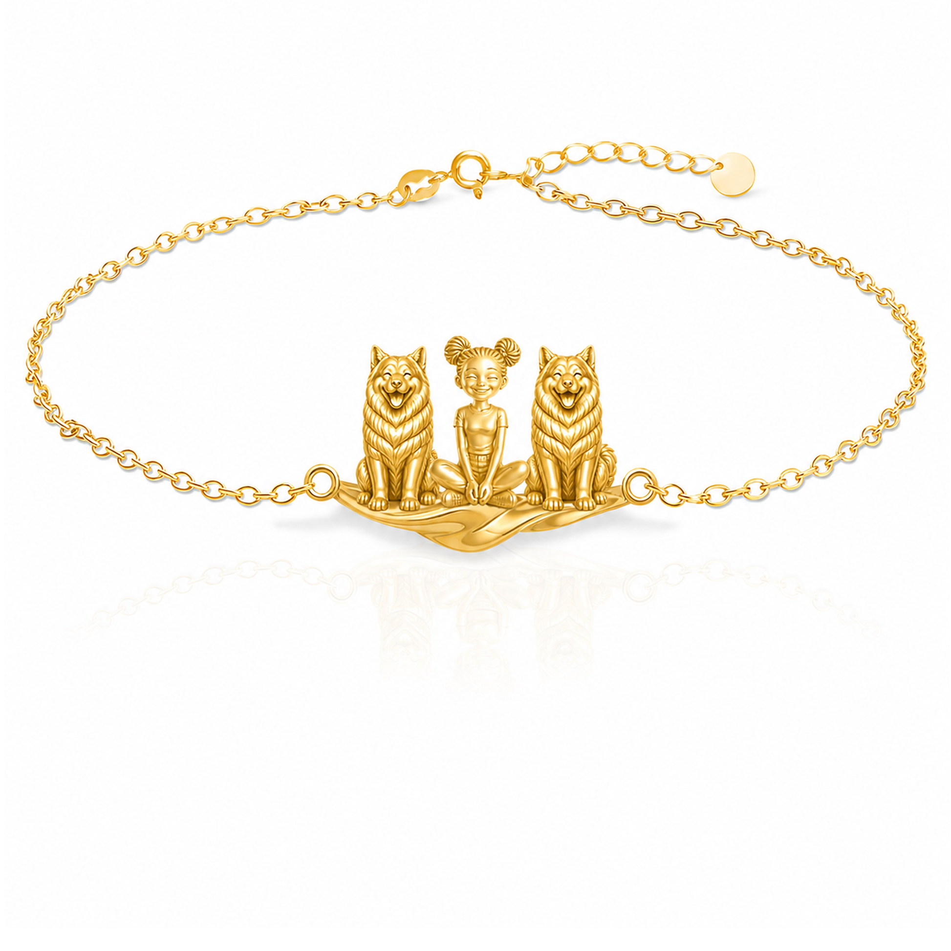 Alaskan-Malamute Personalized Girl And Her Pets Bracelet - 10K Solid Gold - Front