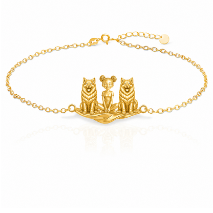 Alaskan-Malamute Personalized Girl And Her Pets Bracelet - 10K Solid Gold - Front