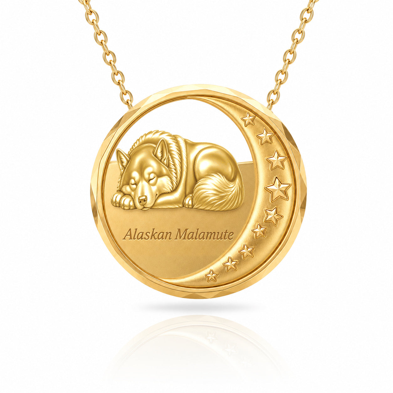 SoulyShine Alaskan Malamute Starry Slumber – Personalized Pet in The Moon Necklace - 18K Gold Vermeil front