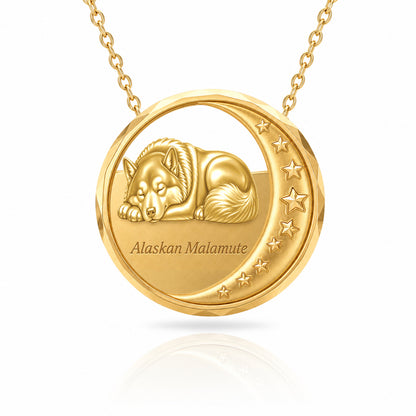 SoulyShine Alaskan Malamute Starry Slumber – Personalized Pet in The Moon Necklace - 18K Gold Vermeil front