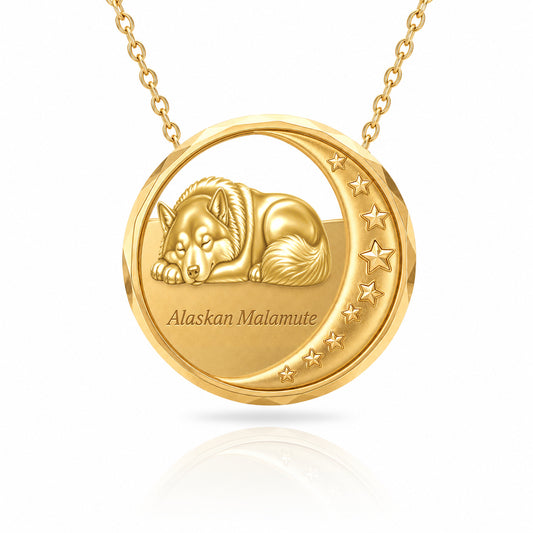 SoulyShine Alaskan Malamute Starry Slumber – Personalized Pet in The Moon Necklace - 18K Gold Vermeil front