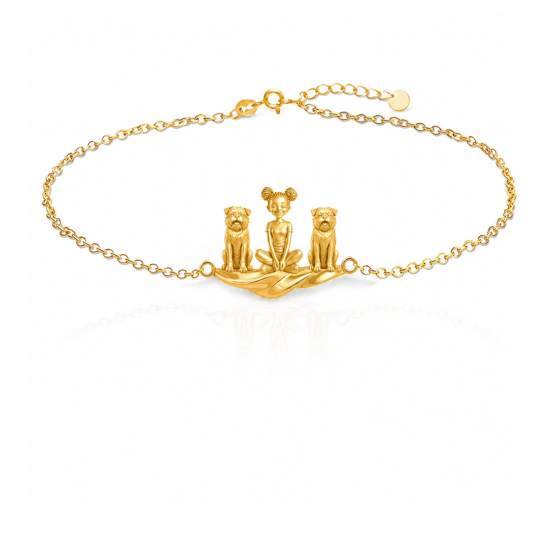 AmStaff Personalized Girl And Her Pets Bracelet - 10K Solid Gold - Front