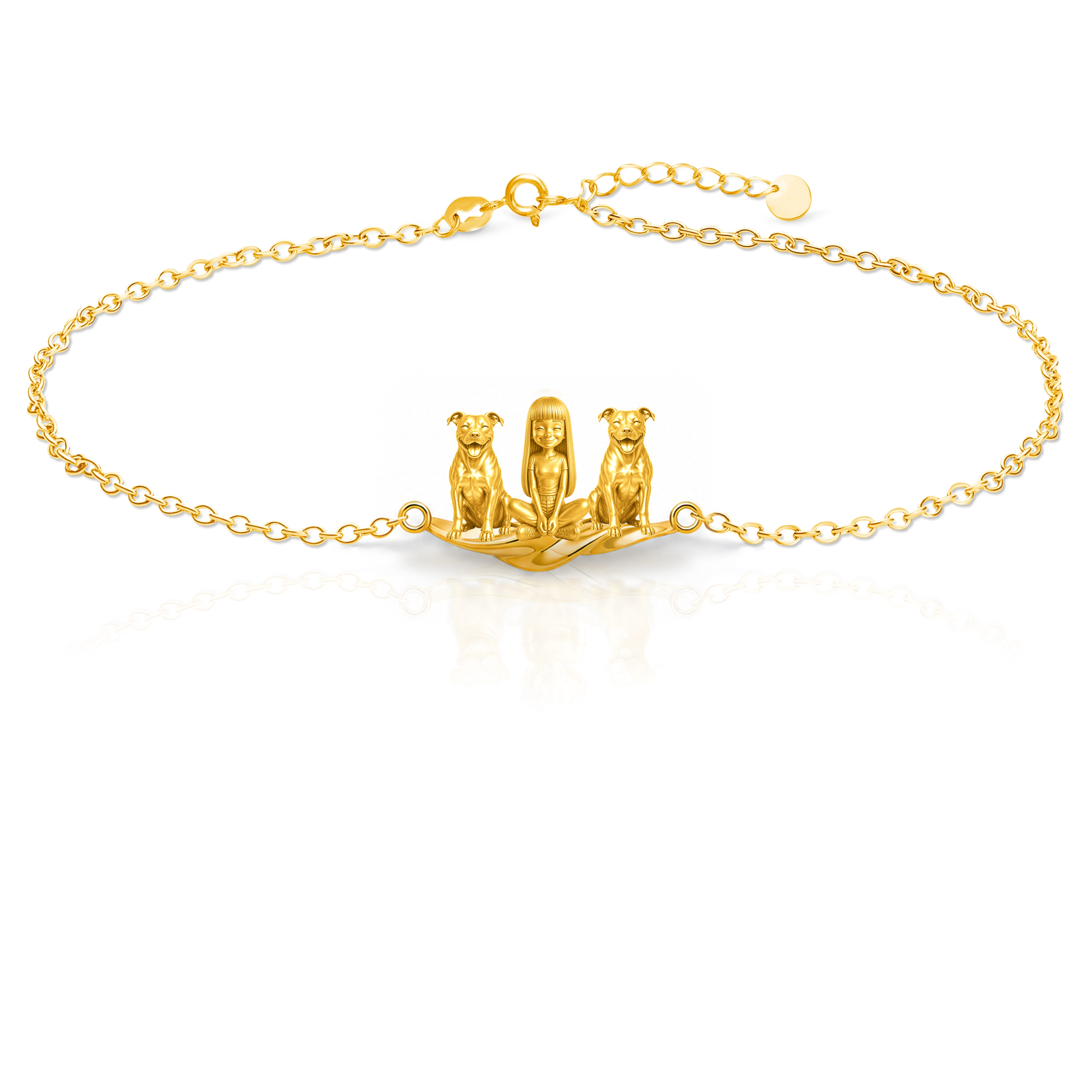 AmStaff Personalized Girl And Her Pets Bracelet - 10K Solid Gold - Front