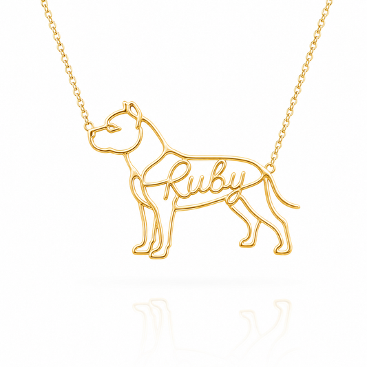 Soulyshine AmStaff personalized dog silhouette name necklace in gold - Ruby design