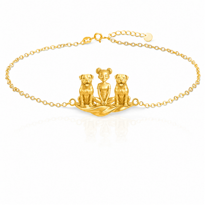American-Bulldog Personalized Girl And Her Pets Bracelet - 10K Solid Gold - Front