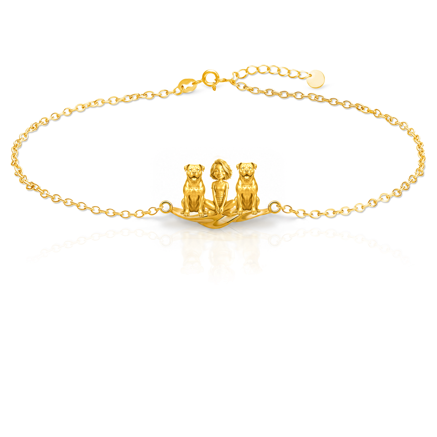 American-Bulldog Personalized Girl And Her Pets Bracelet - 10K Solid Gold - Front