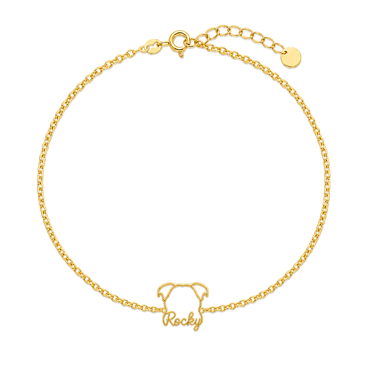 Soulyshine American Bulldog Whisper Outline pet face and Rocky name handcrafted bracelet - 18K Gold Vermeil front