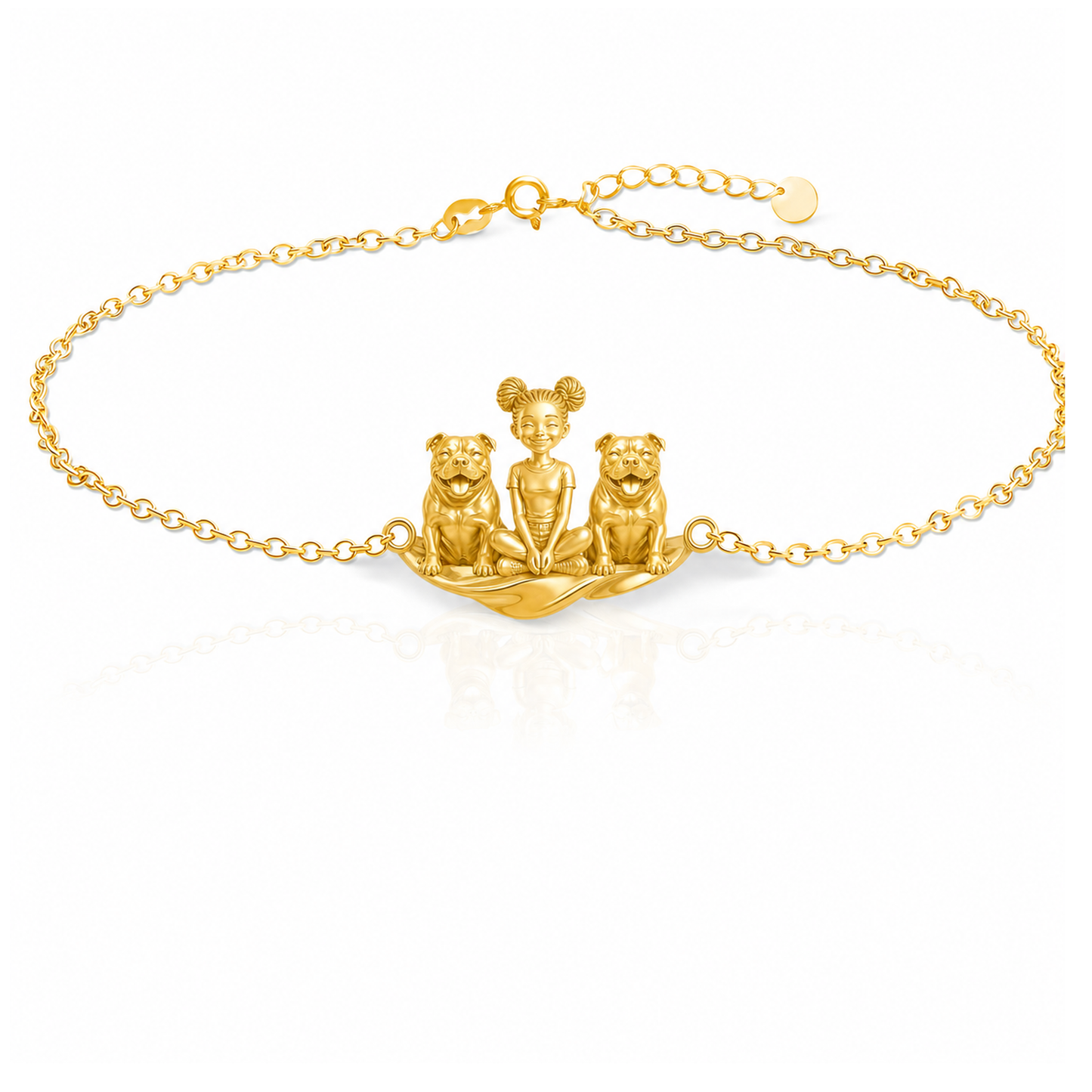 American-Bully Personalized Girl And Her Pets Bracelet - 10K Solid Gold - Front