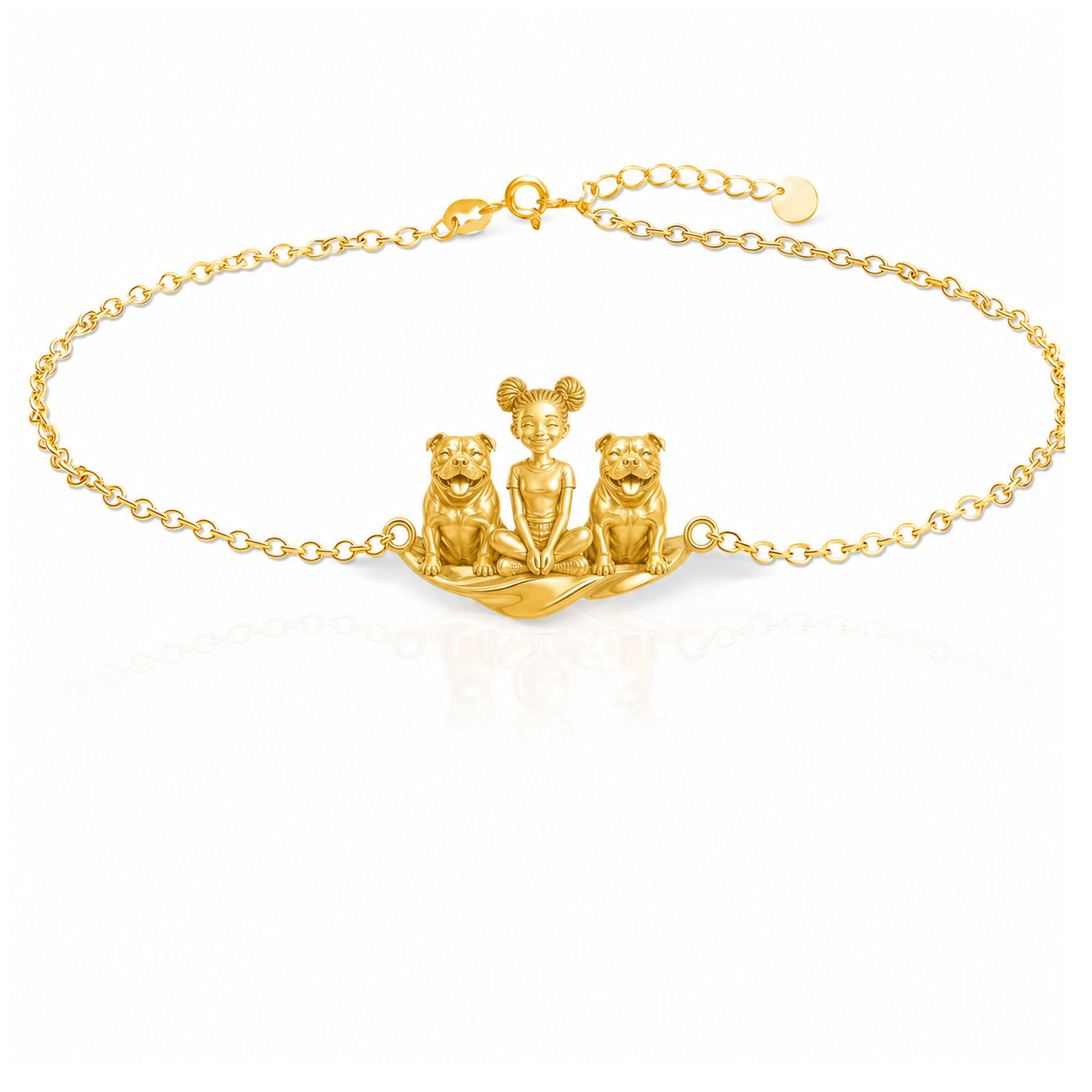 American-Bully Personalized Girl And Her Pets Bracelet - 10K Solid Gold - Front
