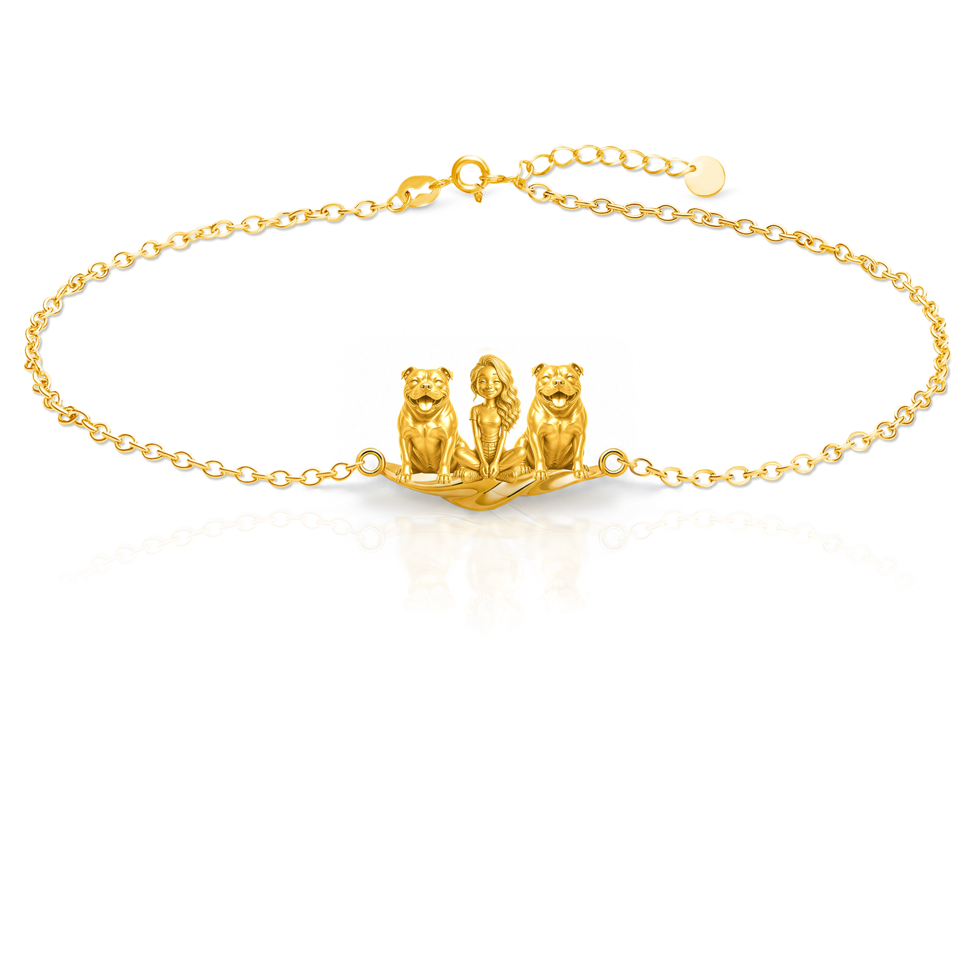 American-Bully Personalized Girl And Her Pets Bracelet - 10K Solid Gold - Front
