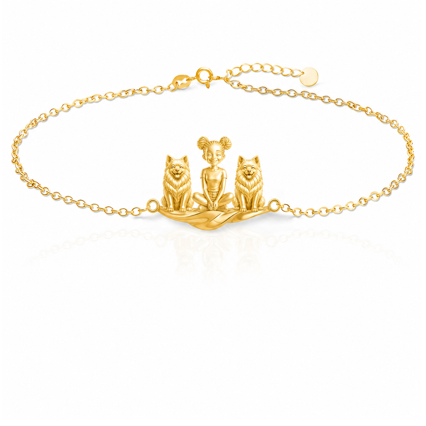 American-Eskimo-Dog Personalized Girl And Her Pets Bracelet - 10K Solid Gold - Front