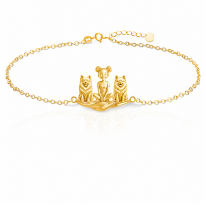 American-Eskimo-Dog Personalized Girl And Her Pets Bracelet - 10K Solid Gold - Front