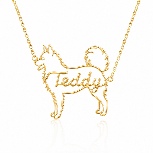 Soulyshine American Eskimo Dog personalized dog silhouette name necklace in gold - Teddy design