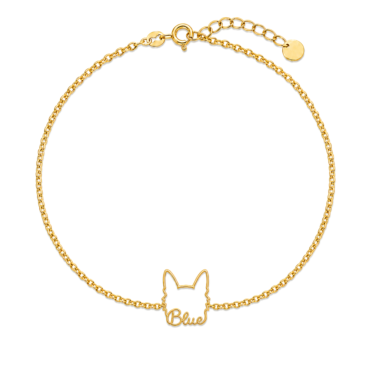 Soulyshine Australian Cattle Dog Whisper Outline pet face and Blue name handcrafted bracelet - 18K Gold Vermeil front