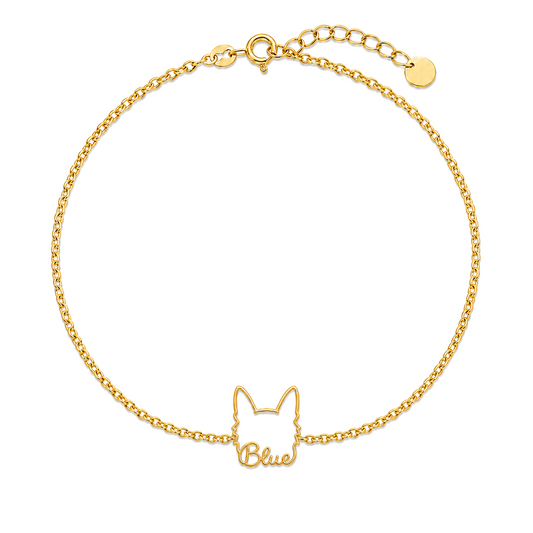 Soulyshine Australian Cattle Dog Whisper Outline pet face and Blue name handcrafted bracelet - 18K Gold Vermeil front