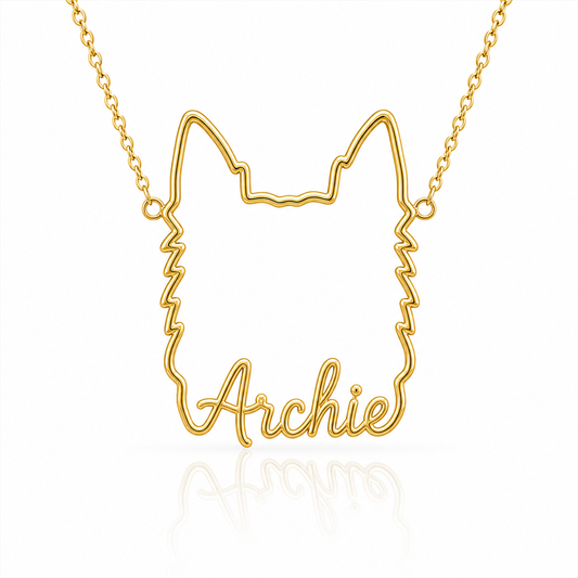 Soulyshine Australian Terrier personalized outline pet face and name necklace in gold