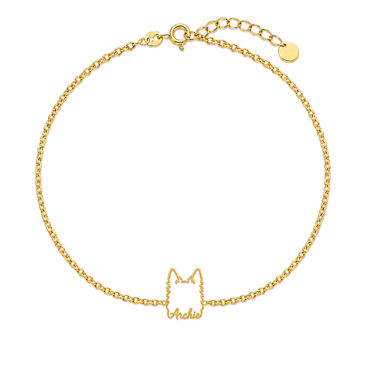 Soulyshine Australian Terrier Whisper Outline pet face and Archie name handcrafted bracelet - 18K Gold Vermeil front