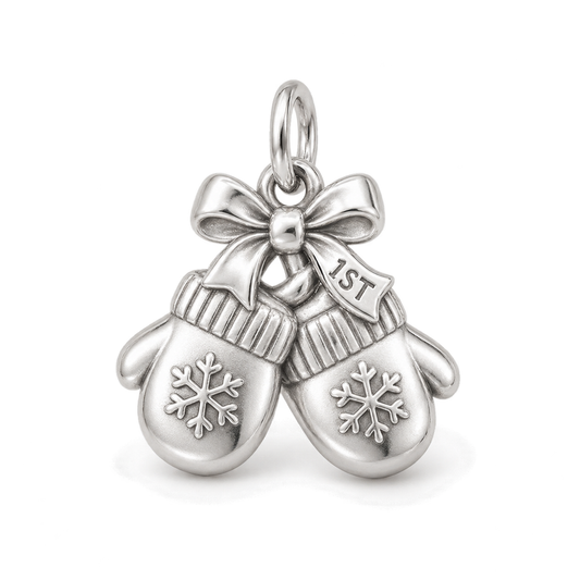 Silver baby mittens charm with snowflake engravings and a bow featuring a 1ST holiday detail.