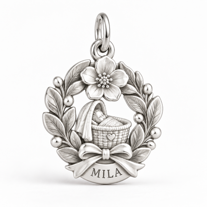 Baby's First Christmas — Birth Flower Cradle Charm and Polyester Cord Bracelet Set